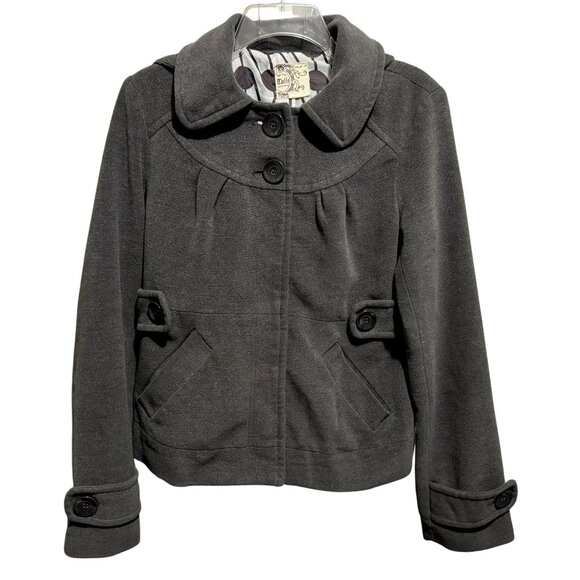 Anthropologie Tulle Gray Flannel Jacket Sz M Hood Cropped Lined Snap Front - Picture 1 of 6